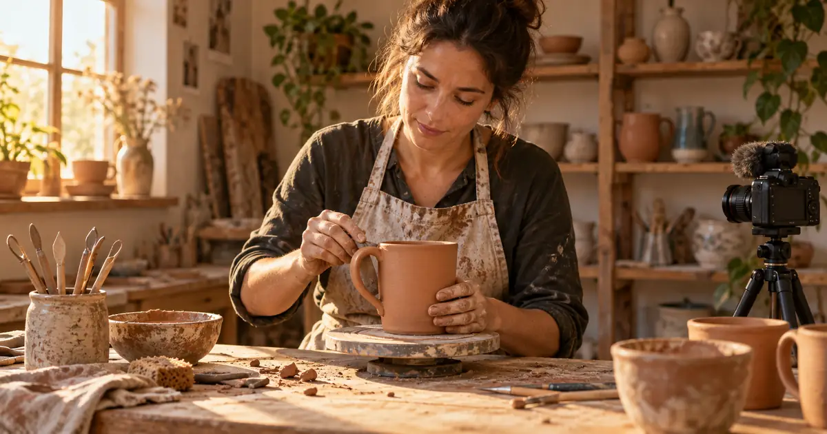 An adult potter repairs a mug handle at a sunlit workbench while a small camera records the demonstration