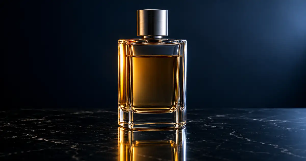 Rectangular amber perfume bottle with silver cap reflected on dark stone