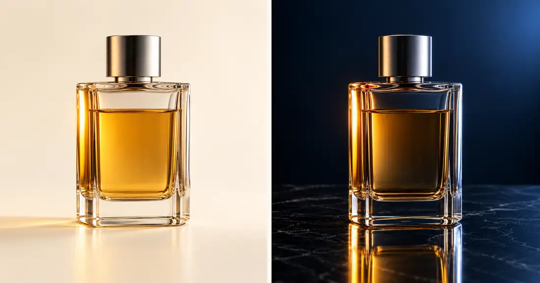Two generated views of a rectangular perfume bottle, one against cream and one against dark navy with a reflection