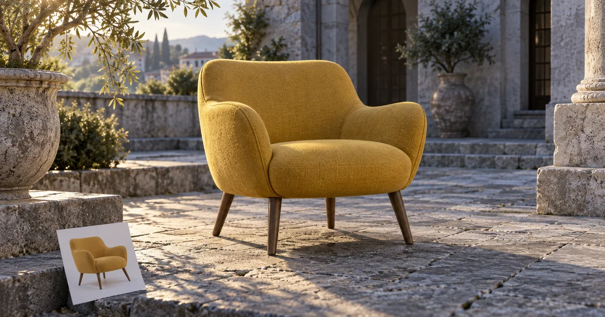 A mustard-yellow chair and its source photograph sit in a stone courtyard with consistent afternoon shadows