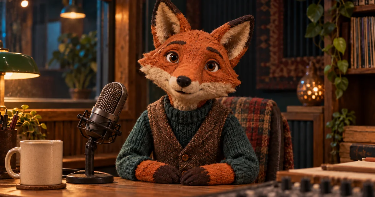 A single orange fox puppet sits beside an unobstructing microphone in a softly lit recording booth