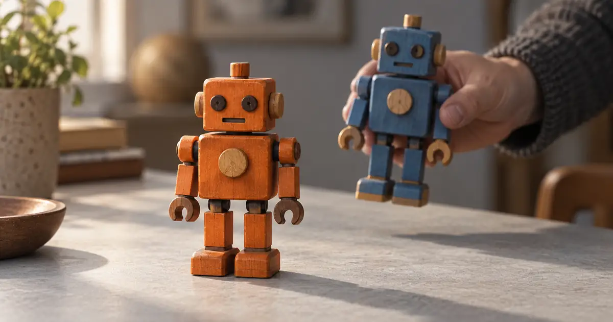 A small orange toy robot beside a hand-held blue robot on a studio table, illustrating replacement subject matching