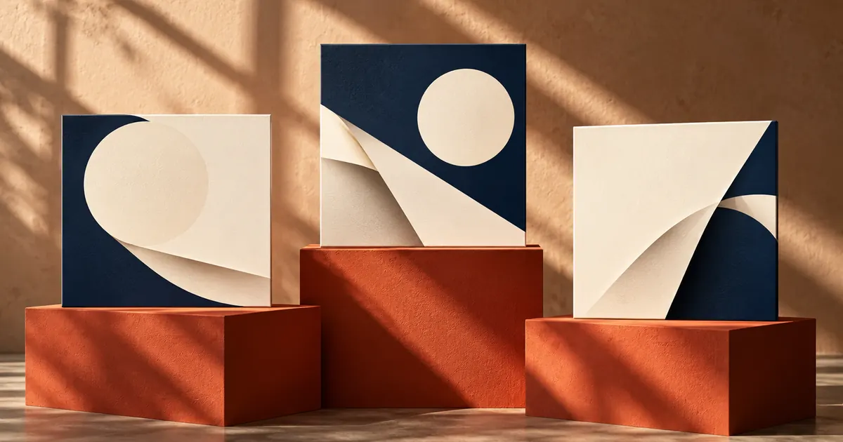 Square abstract cover-art studies on terracotta plinths in strong sunlight