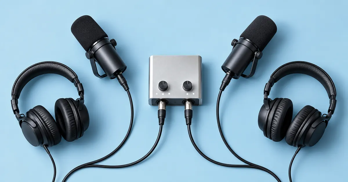 Two microphones, an interface, and wired headphones arranged on a pale blue surface