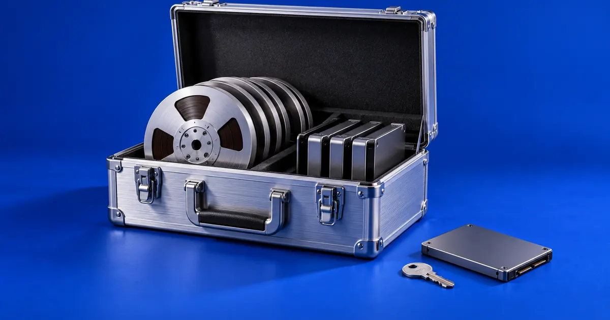An open archive case with audio reels and portable drives on a cobalt background