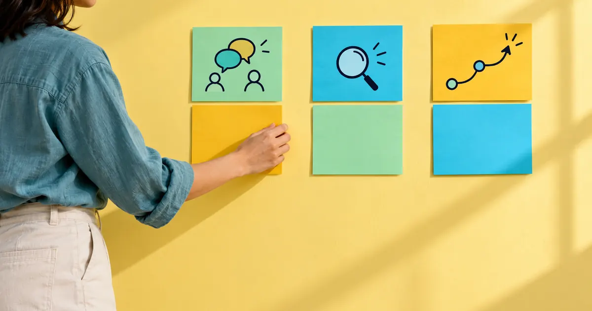 A person arranges episode planning cards on a pale yellow wall