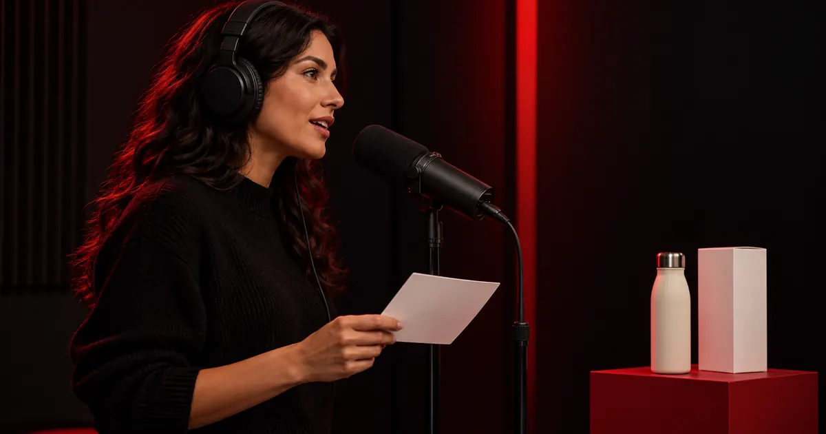 A host rehearses at a microphone in a red-lit booth beside an unbranded product