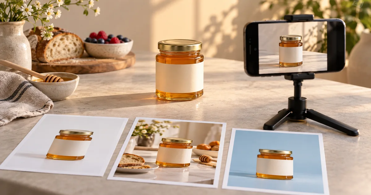 A jar of honey, a phone camera, and three campaign prints sit on a softly lit kitchen worktop