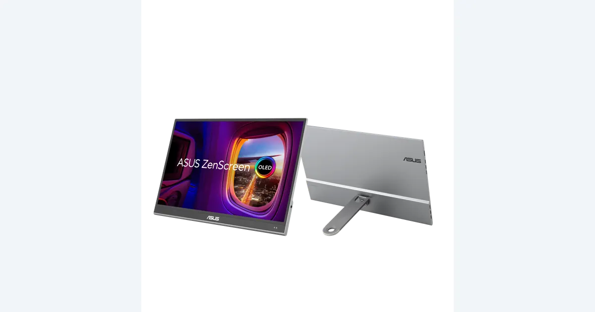 ASUS ZenScreen OLED MQ16AHE shown from the front and rear with its detachable stand
