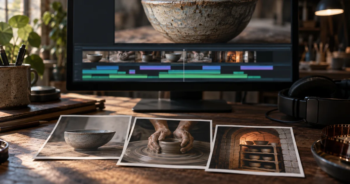 Pottery contact prints and an editing monitor show the missing close-up in a ceramic-making film