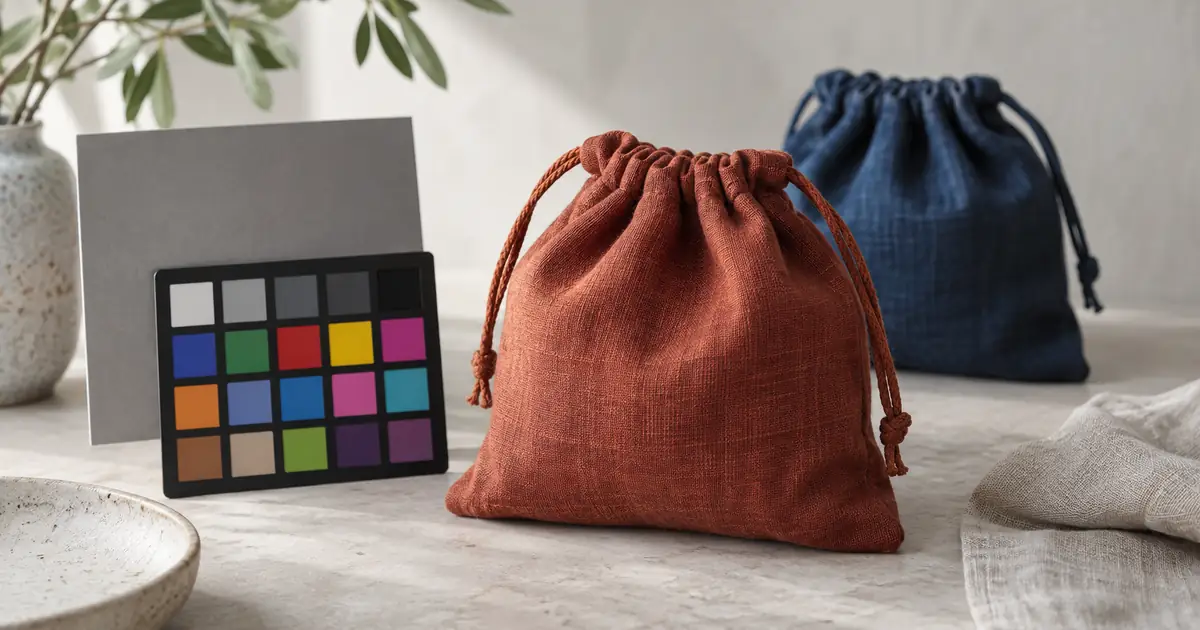 AI-generated editorial photograph of rust and navy fabric pouches beside neutral and color reference cards