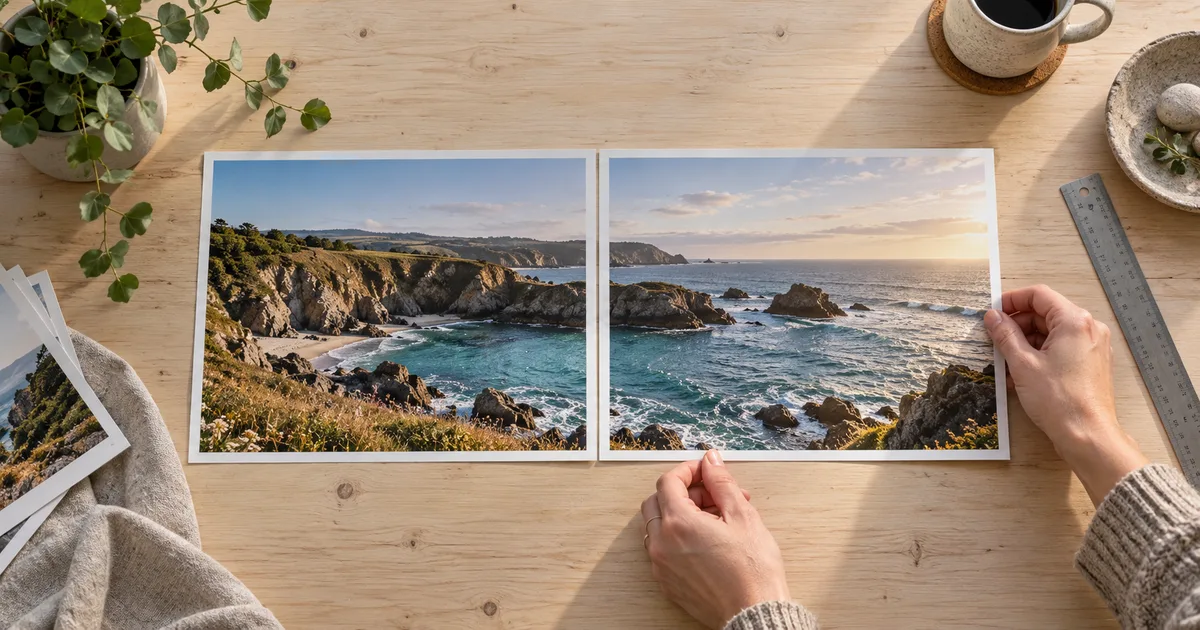 Hands aligning two coastal photo prints side by side on a wooden table