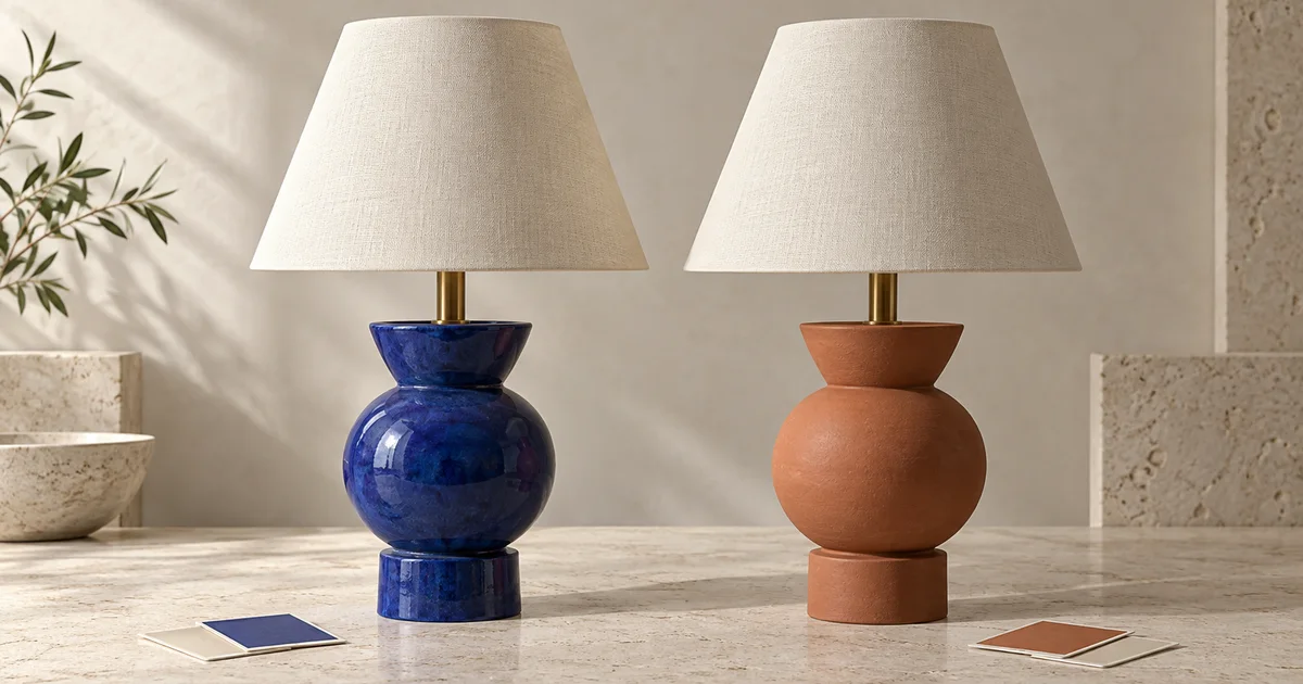 Matching studio table lamps with cobalt and terracotta ceramic bases beside blank color swatches