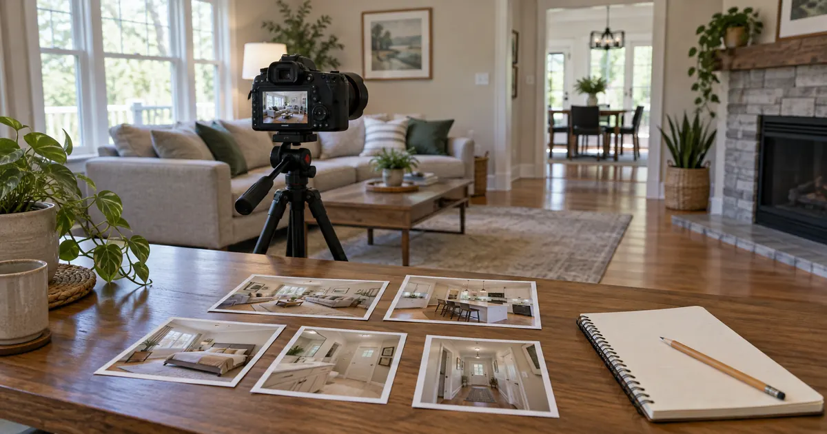 AI-generated editorial scene of a camera on a tripod, room photographs and blank script notebook in a living room