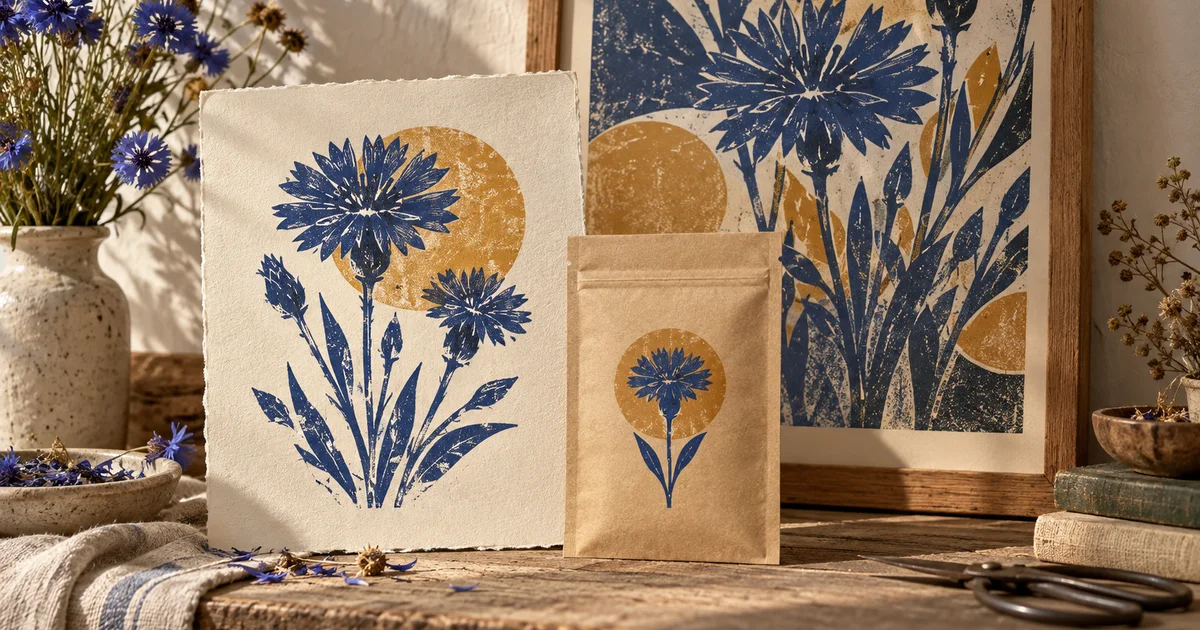 Botanical artwork on an editorial print and a small packet shares a blue-and-ochre block-print style