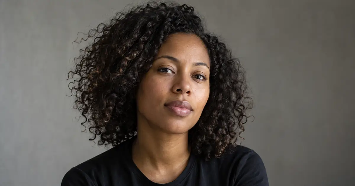 AI-generated editorial portrait of a woman with curly hair against a neutral gray background