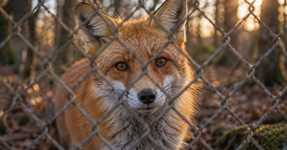 Red fox photographed through chain-link fencing with wires crossing the fur and woodland background