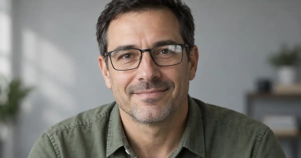 A natural portrait of a man wearing rectangular glasses with a subtle window reflection and both eyes visible