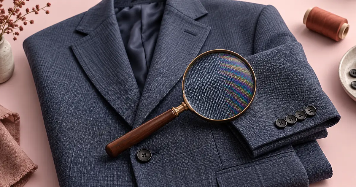 A close view of fine woven jacket fabric beside a magnifier, with subtle false color bands in one area
