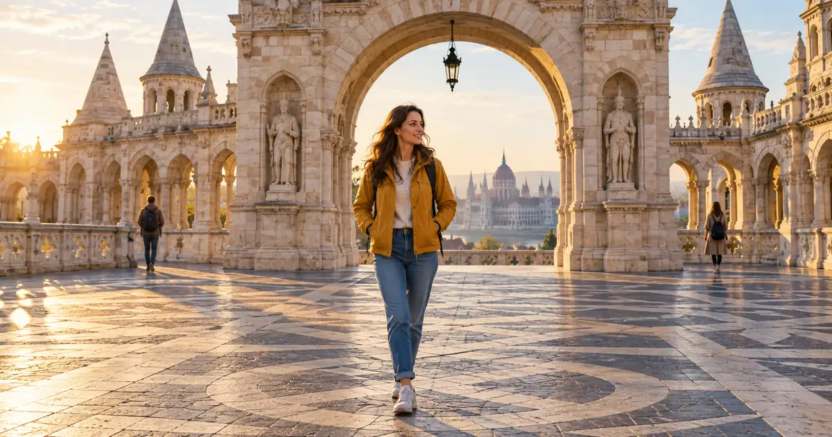 Traveler in a mustard jacket on a stone plaza with paving seams and distant people to inspect before background removal