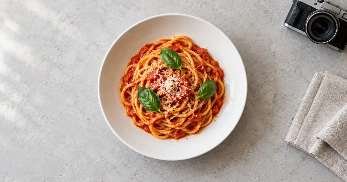 Overhead pasta bowl with a camera and napkin on a pale photography surface