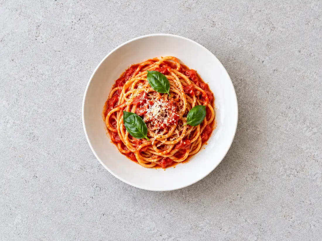 The synthetic pasta bowl displayed in a centered 16-to-9 crop with less space above and below