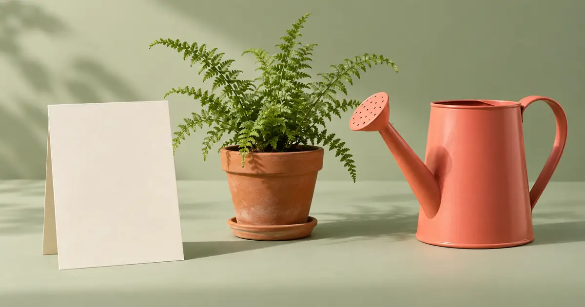 A coral watering can, a terracotta plant pot, and a blank cream card arranged on a studio surface with deliberate spacing