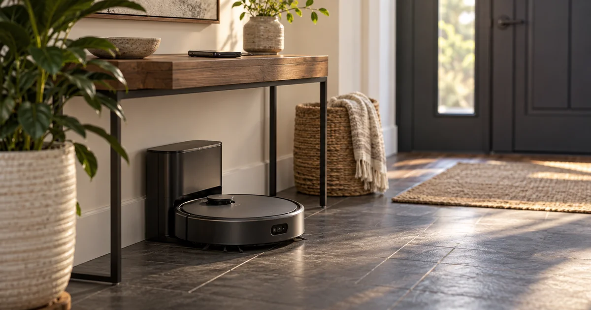 A camera-equipped robot vacuum at its dock beneath a console with a face-down phone