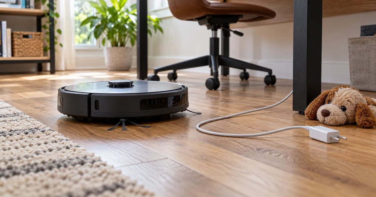 A robot vacuum near a loose charging cable and a soft toy on a home office floor