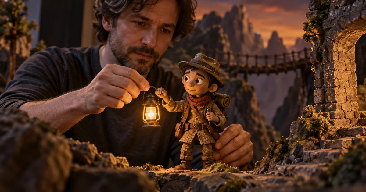 An actor positions a lantern beside a clay explorer puppet during a performance rehearsal
