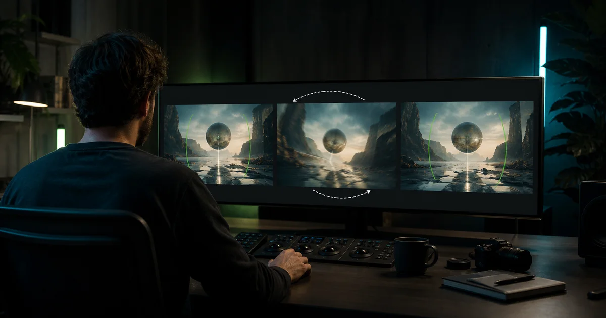 Creator comparing a drifting AI video frame with corrected stable frames on an editing monitor