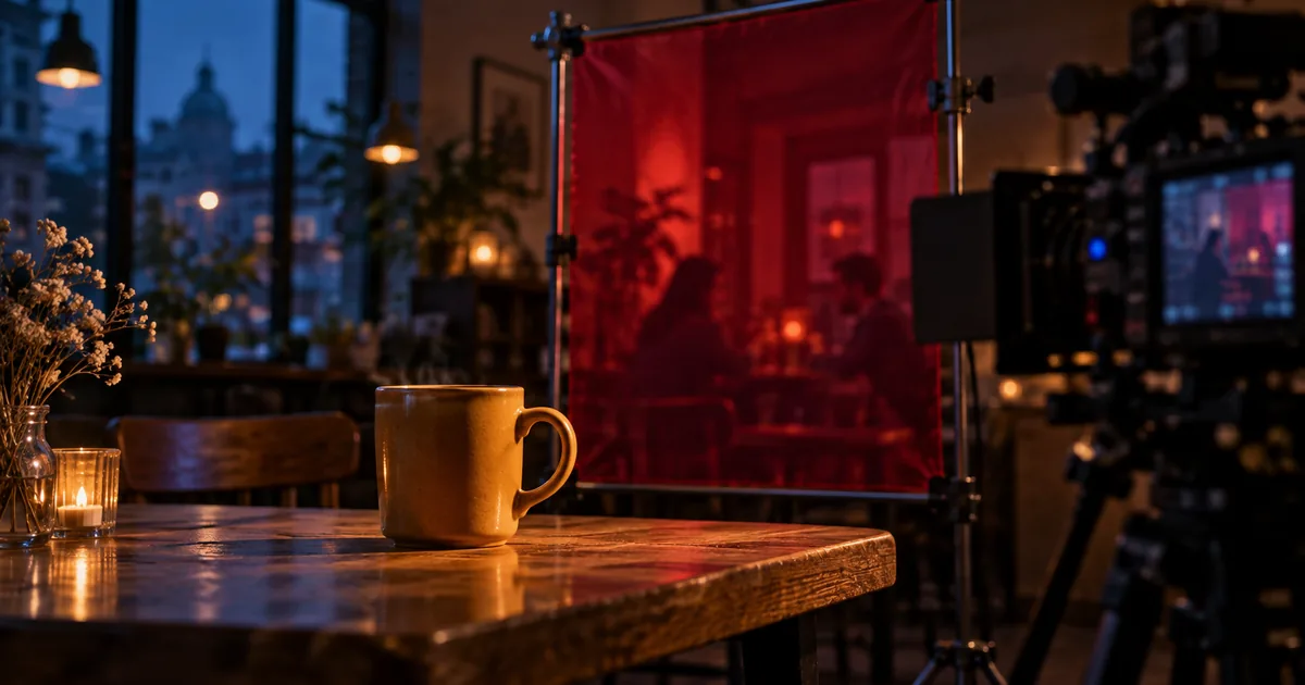 Ochre mug on a cafe table with a translucent lighting gel changing a small area of the background
