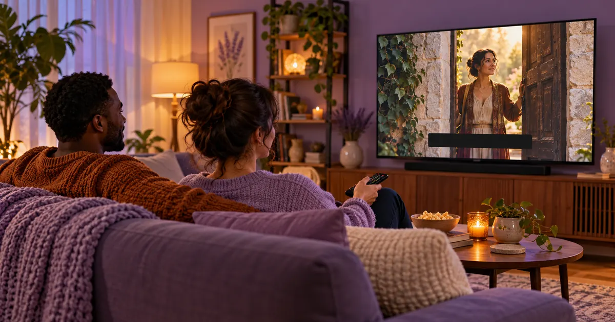 Two viewers watch a fictional captioned doorway scene in a lavender living room