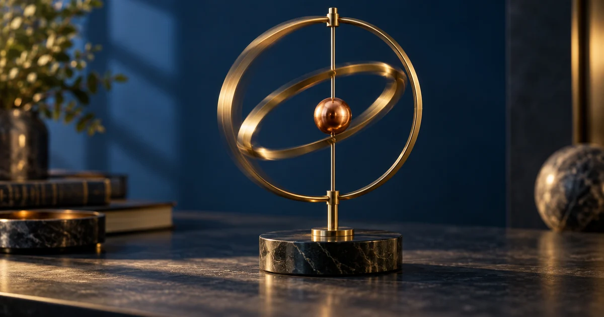 A brass kinetic mobile with circular rings and a copper sphere above a stable stone base
