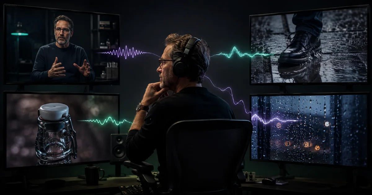 Creative director reviewing dialogue, footsteps, a product click, and rain as synchronized video moments