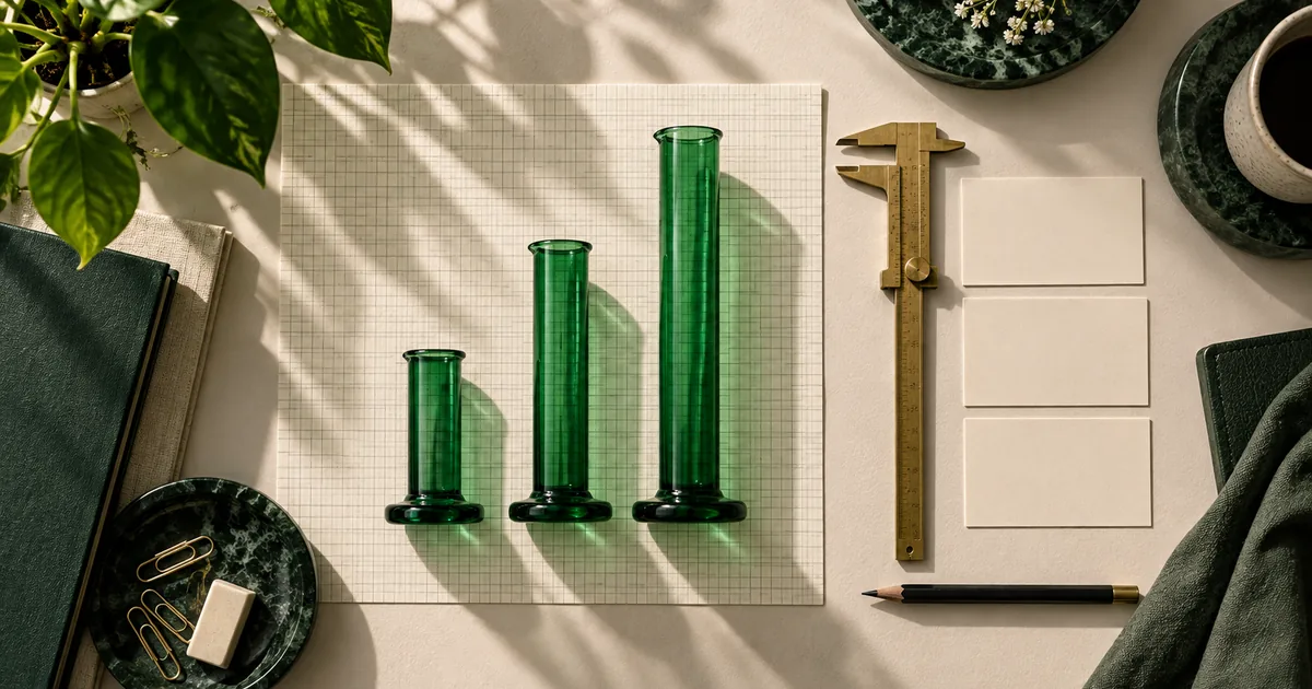 Emerald glass cylinders, calipers, and blank graph paper arranged on a designer's ivory desk