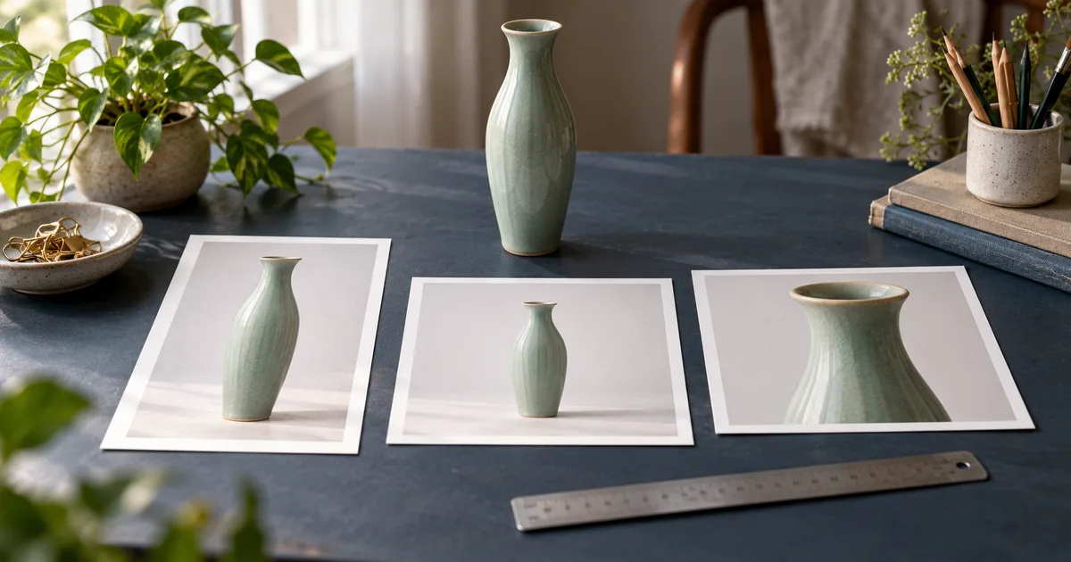 Three photographic prints showing different framings of a tall celadon vase on a merchant’s desk
