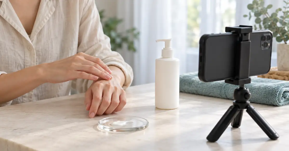 Hands and a white skincare pump bottle beside a phone filming setup
