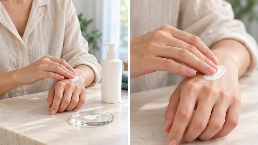 Two synthetic planning views: a wider hand-application scene with a pump bottle and a close detail of cream spreading on skin