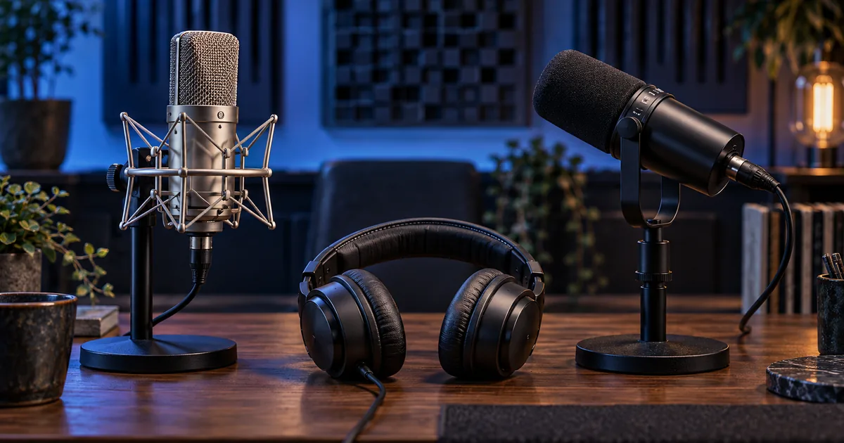 Two different studio microphones facing a pair of headphones on a quiet blue-lit recording desk