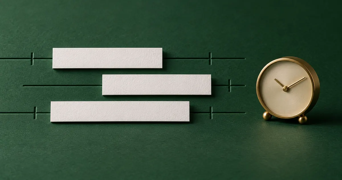 White caption tiles arranged beside a small brass clock on a forest-green surface
