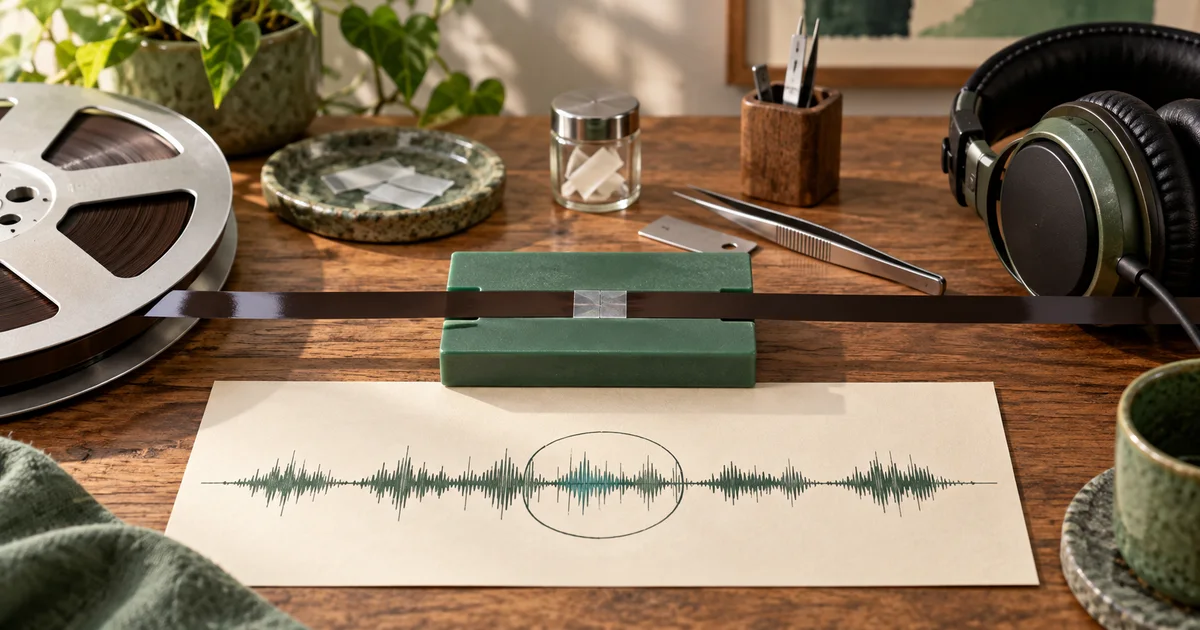 An audio tape splice on a green editing block marks a small region to repair beside studio headphones