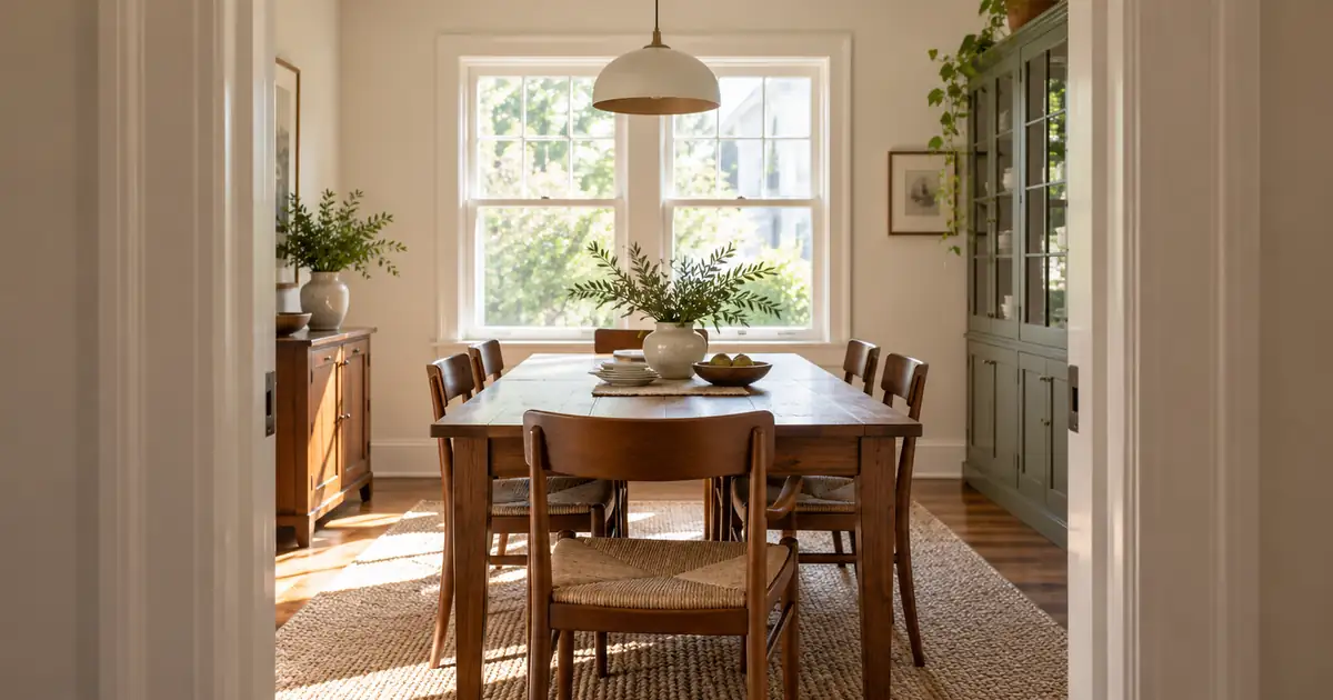 Sunlit dining room framed by a doorway with upright window edges and a wooden table and chairs
