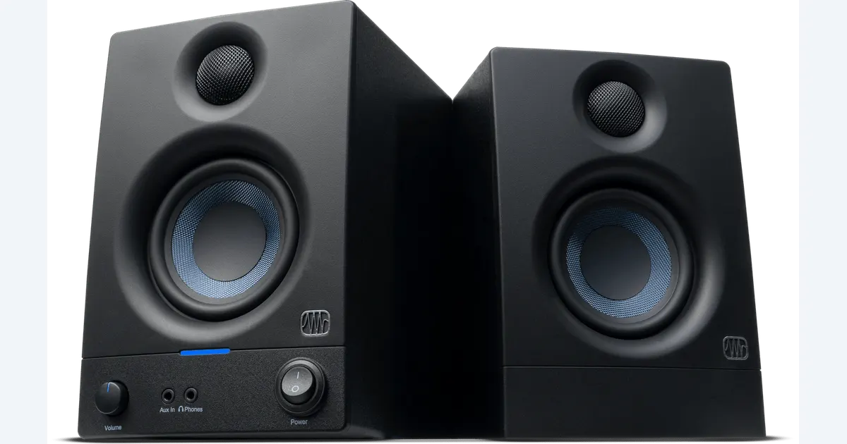 Black PreSonus Eris 3.5 speaker pair for a compact editing desk