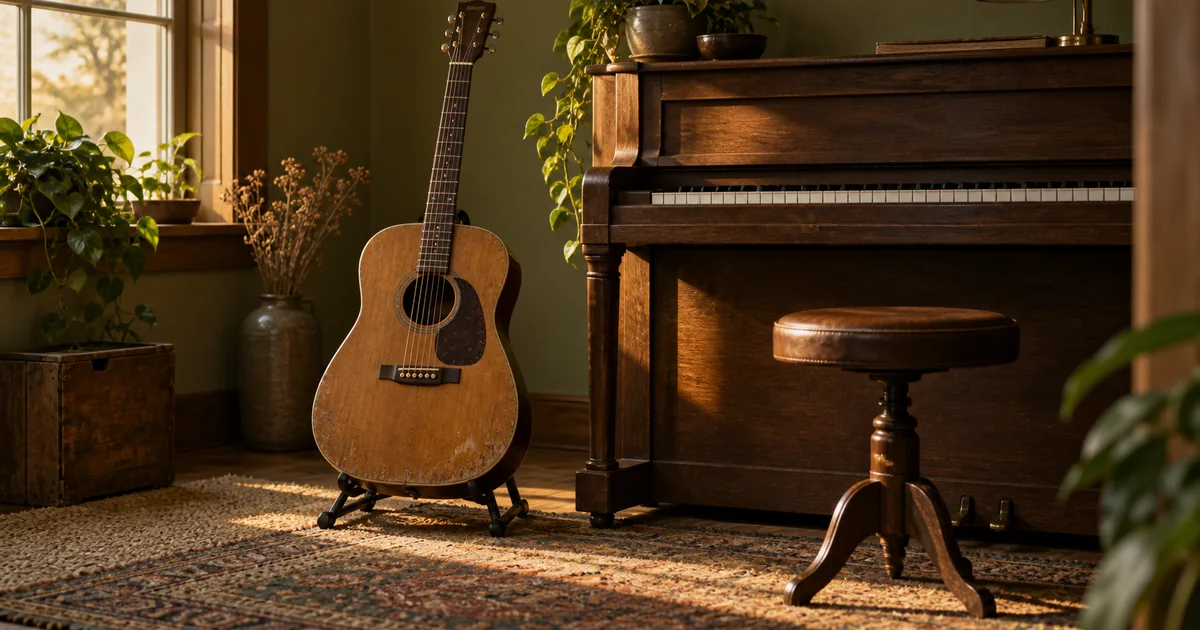 An acoustic guitar rests beside a piano keyboard in an intimate recording room with warm late-afternoon light