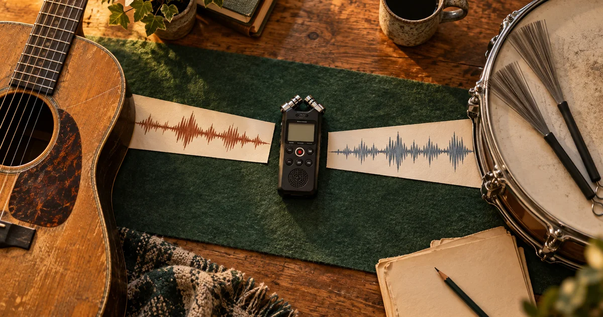 An acoustic guitar and drum brushes frame two abstract waveform strips on a warm studio desk