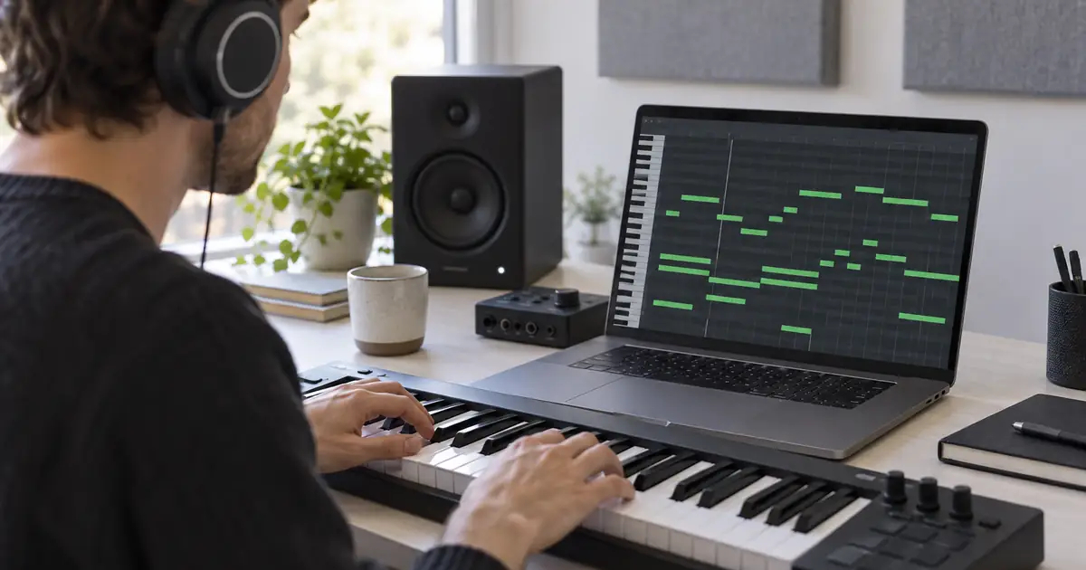 A small keyboard beside an open laptop with abstract colored piano-roll blocks, illustrating editable musical notes
