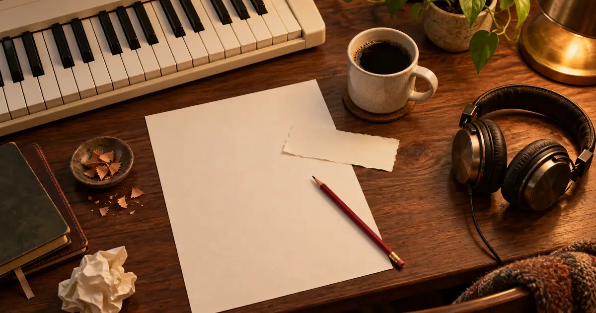A songwriter's pencil rests over blank lyric paper beside a small keyboard and headphones in a warm studio
