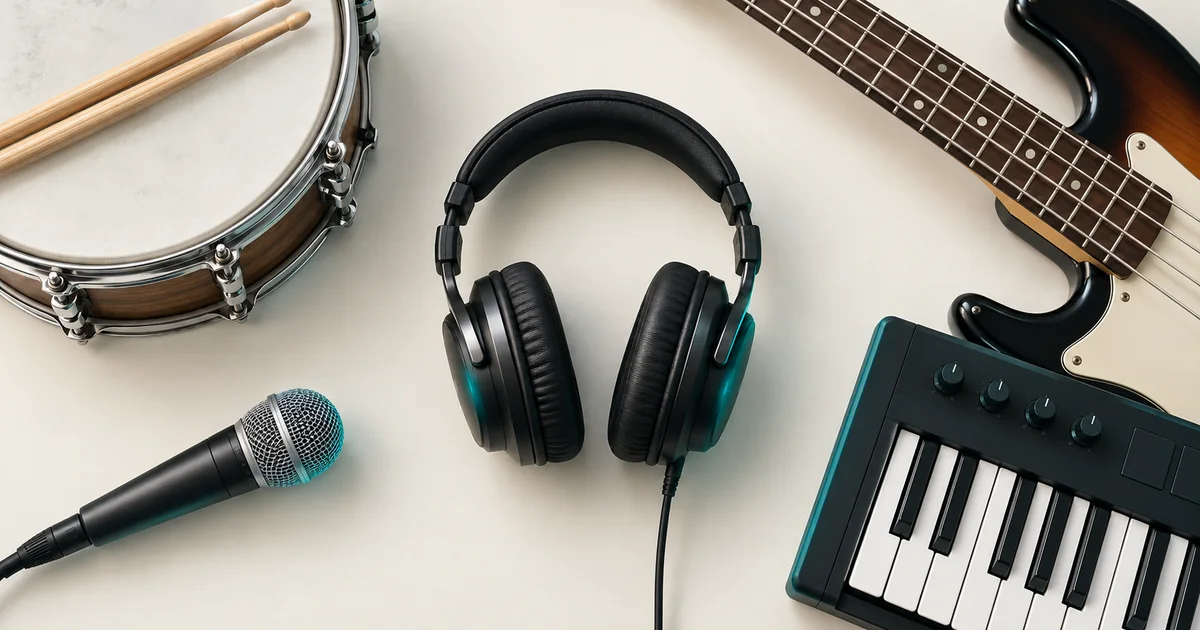 Headphones surrounded by a vocal microphone, snare drum, bass neck, and keyboard with space between each