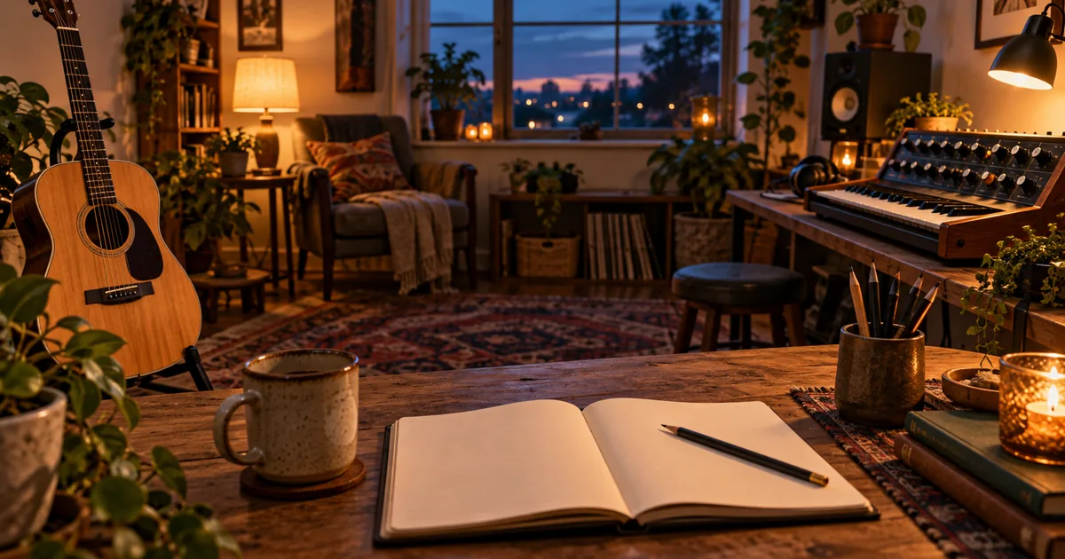 Acoustic guitar, compact synthesizer, and blank songwriting notebook in an amber-lit home studio